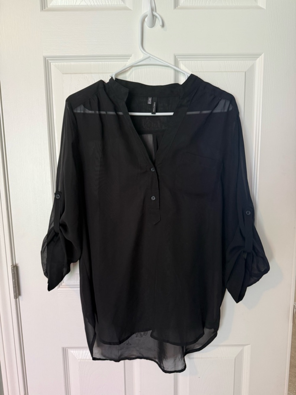 Maurice’s Black Sheer Roll-Sleeve V-Neck Blouse